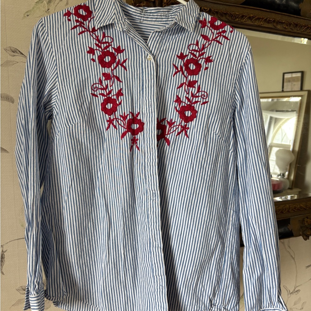 Striped Shirt with Red Floral Embroidery